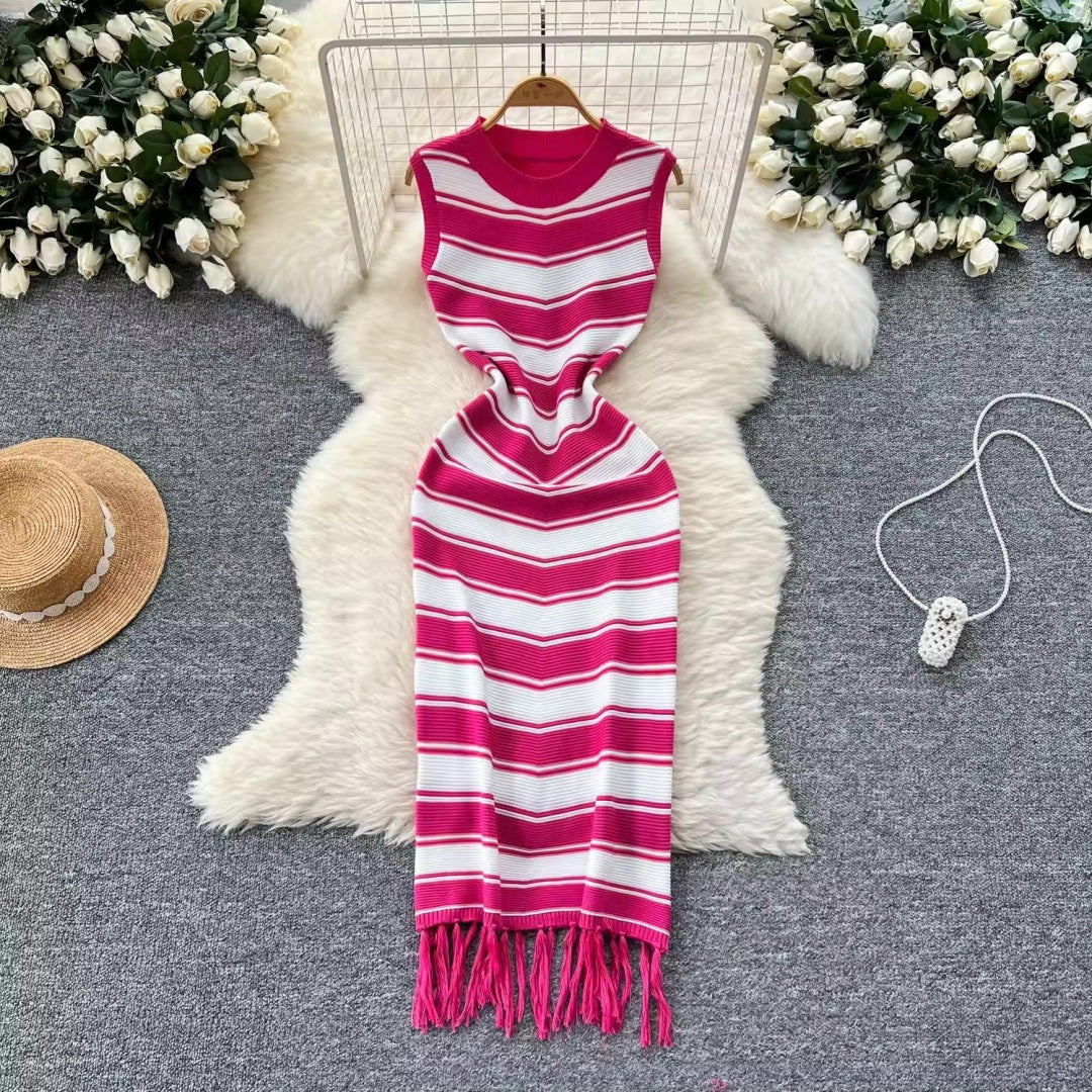 High-End Round Neck Sleeveless Striped Dress with Unique Base and Hip Hugging Long Skirt - Neon North Clothing