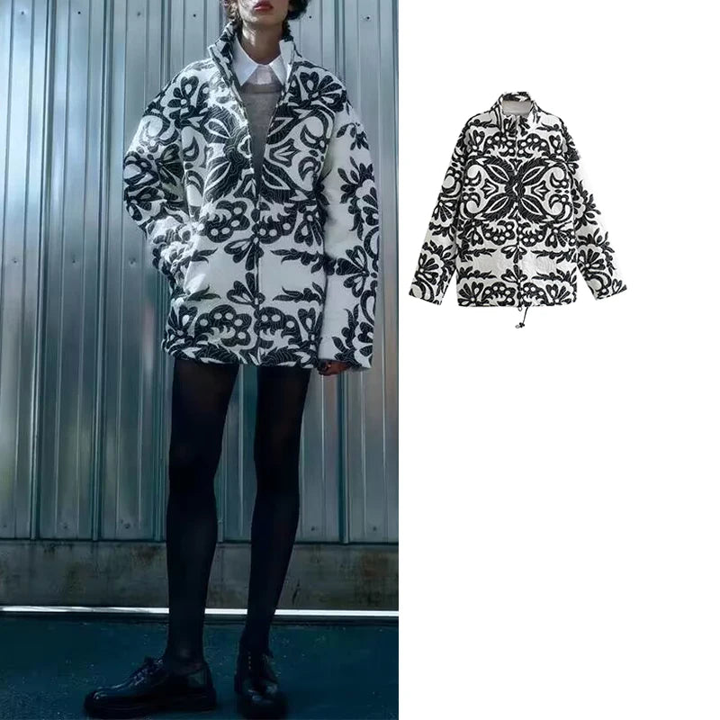 Women Black and White Printed Quilted Cotton Parka Jacket - Neon North Clothing