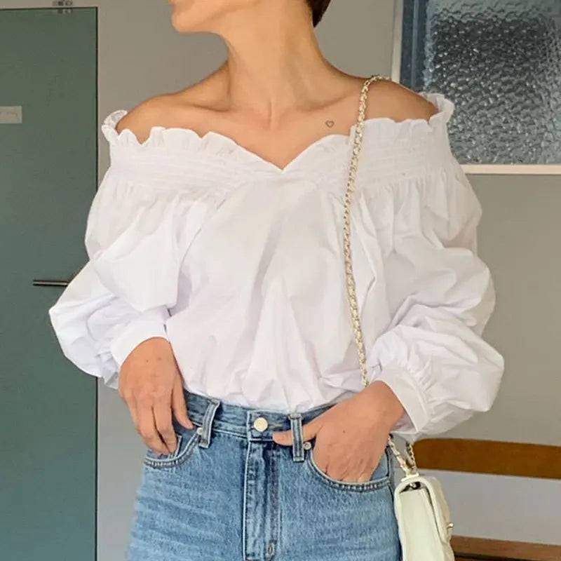 Off Shoulder Blouse with Lantern Sleeves for Effortless Style - Neon North Clothing