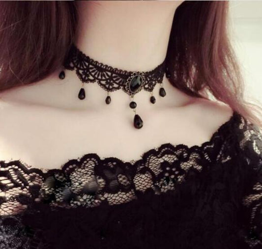 Retro Court Gothic  Multi-Layer Crystal Lace Necklace Choker Clavicle Chain - Neon North Clothing
