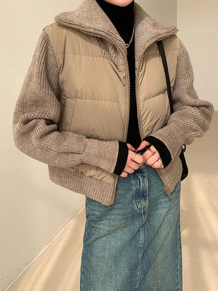 Warm  Brown Cotton Padded Patchwork Knitted Parka Jacket - Neon North Clothing