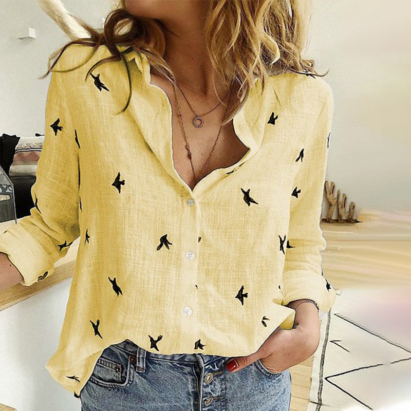 Bird's Print Blouse - Long Sleeve Loose Casual Style - Neon North Clothing
