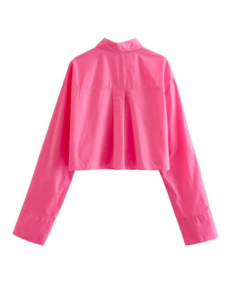 Vintage Cropped Poplin Shirt Blouse with Long Sleeves and Pockets - Neon North Clothing