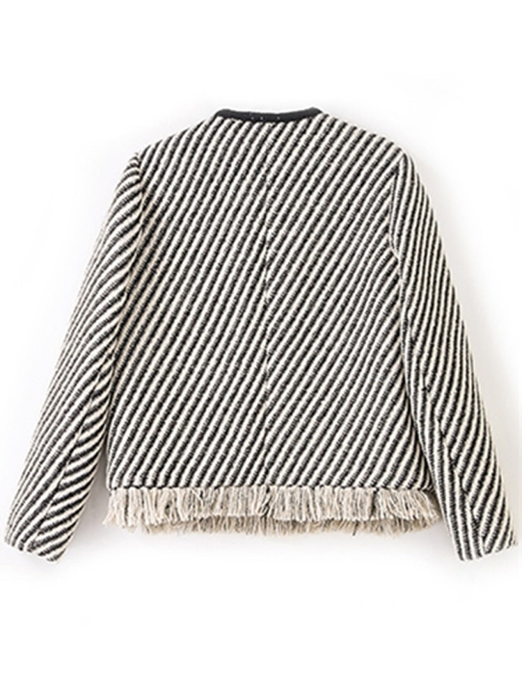 Striped Round Neck Long Sleeve Patchwork Tassels Hem Coat - Neon North Clothing