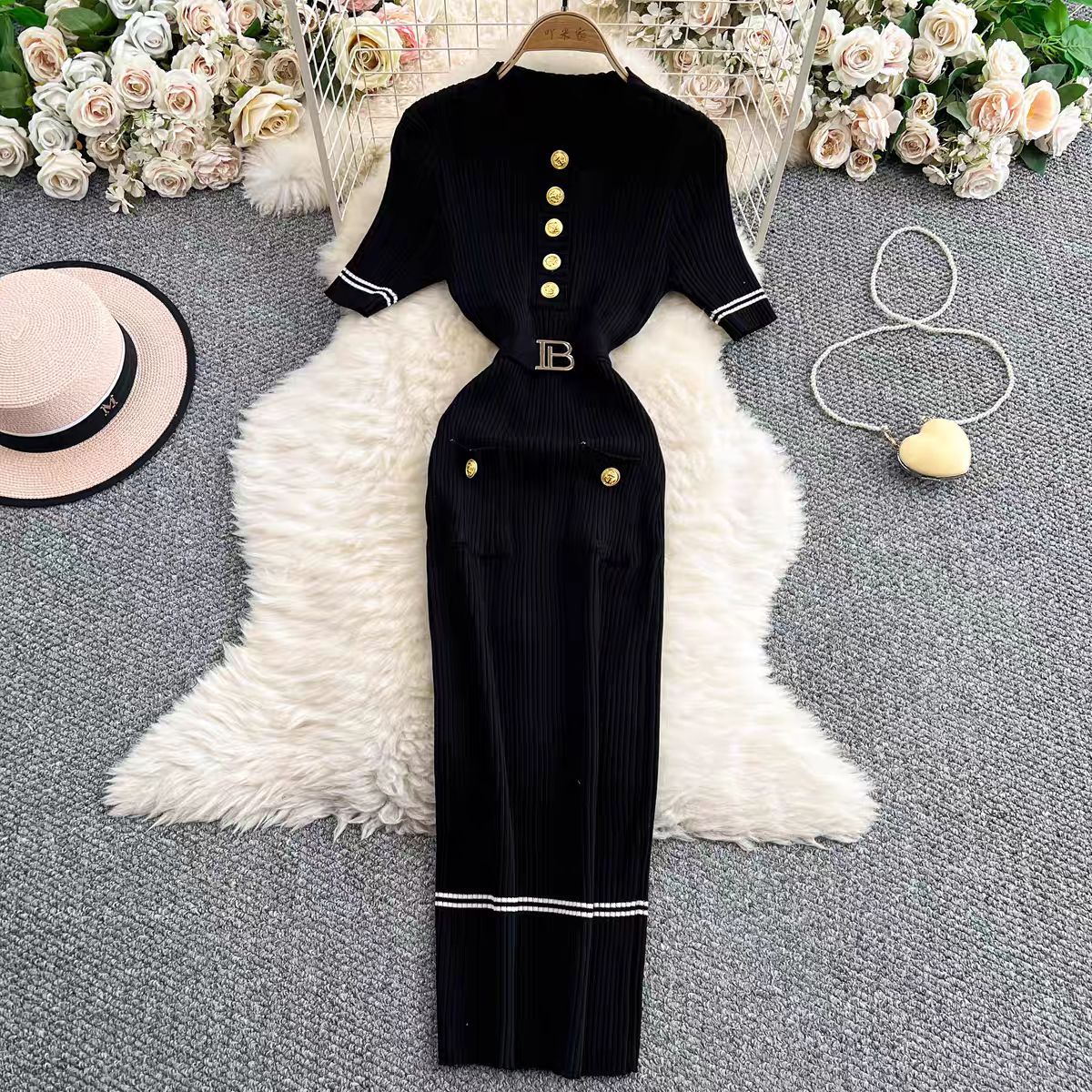 Chic Dress with Round Neck, Belted Waist and Fitted Bodycon - Neon North Clothing
