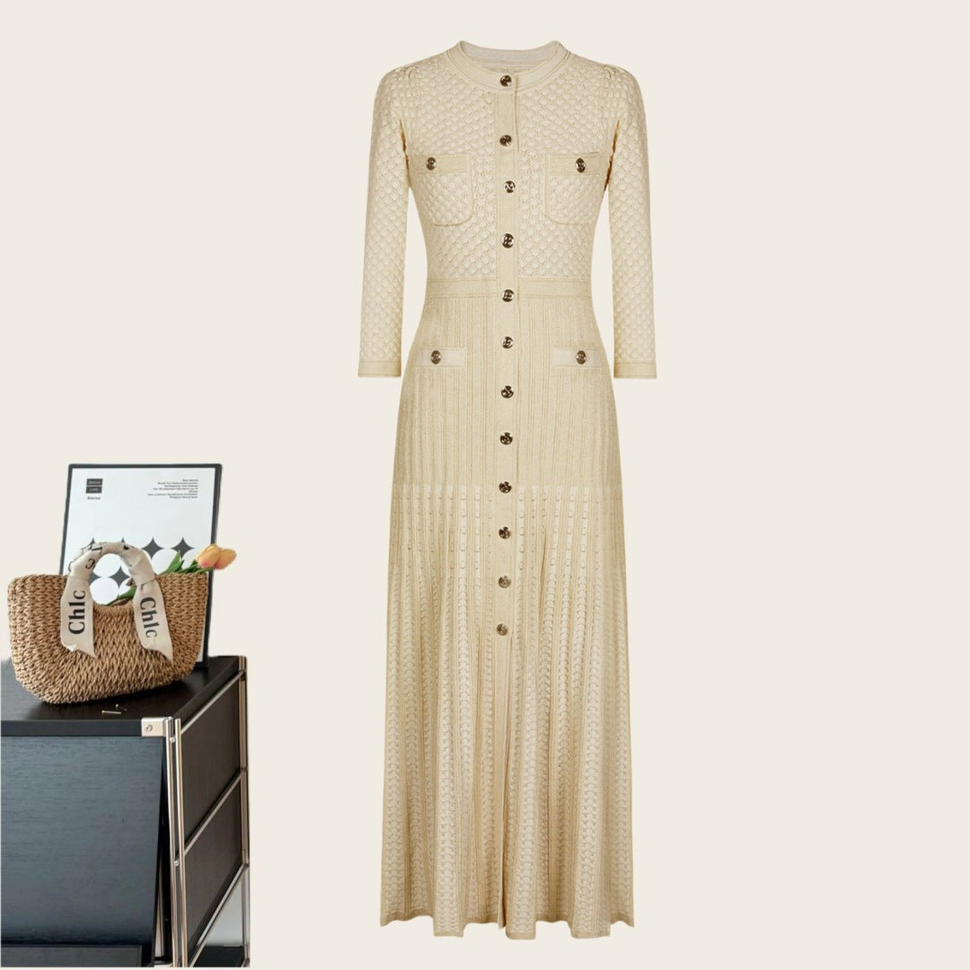 Elegant Long Sleeve Round Neck Dress with Waistline - Neon North Clothing