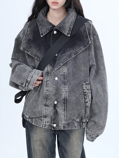 Women Denim Double-layer Collar Long Sleeves Single Breasted Washed Retro Jacket - Neon North Clothing