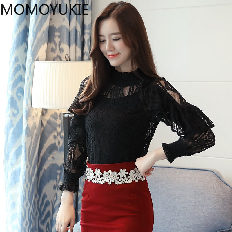 Ruffle Lace Floral Sleeve Blouse with Nine Quarter Sleeve Design - Neon North Clothing