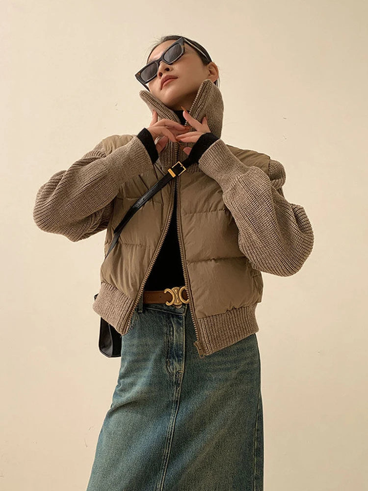 Warm  Brown Cotton Padded Patchwork Knitted Parka Jacket - Neon North Clothing