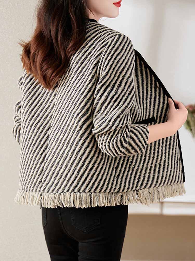 Striped Round Neck Long Sleeve Patchwork Tassels Hem Coat - Neon North Clothing