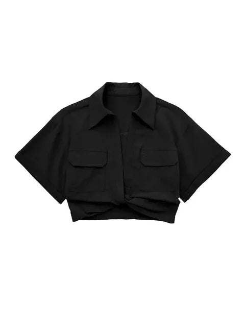 Chic Vintage Cropped Blouse with Front Knot, Elastic Linen, Short Sleeve, and Patch Pockets - Neon North Clothing