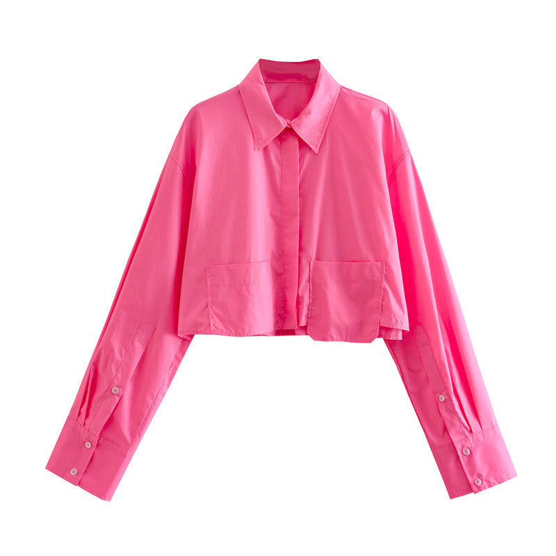 Vintage Cropped Poplin Shirt Blouse with Long Sleeves and Pockets - Neon North Clothing