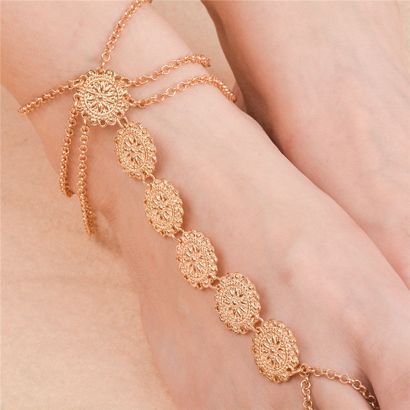 Trendy Simple Metal Texture Carved Disc Beach Tassel Anklet - Neon North Clothing