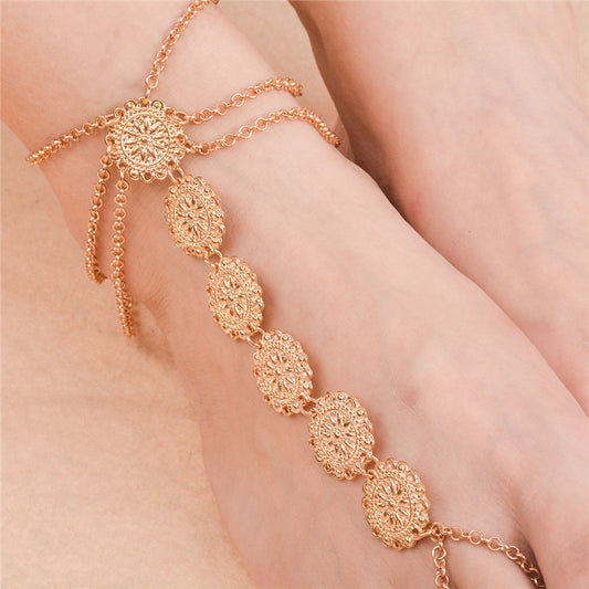 Trendy Simple Metal Texture Carved Disc Beach Tassel Anklet - Neon North Clothing