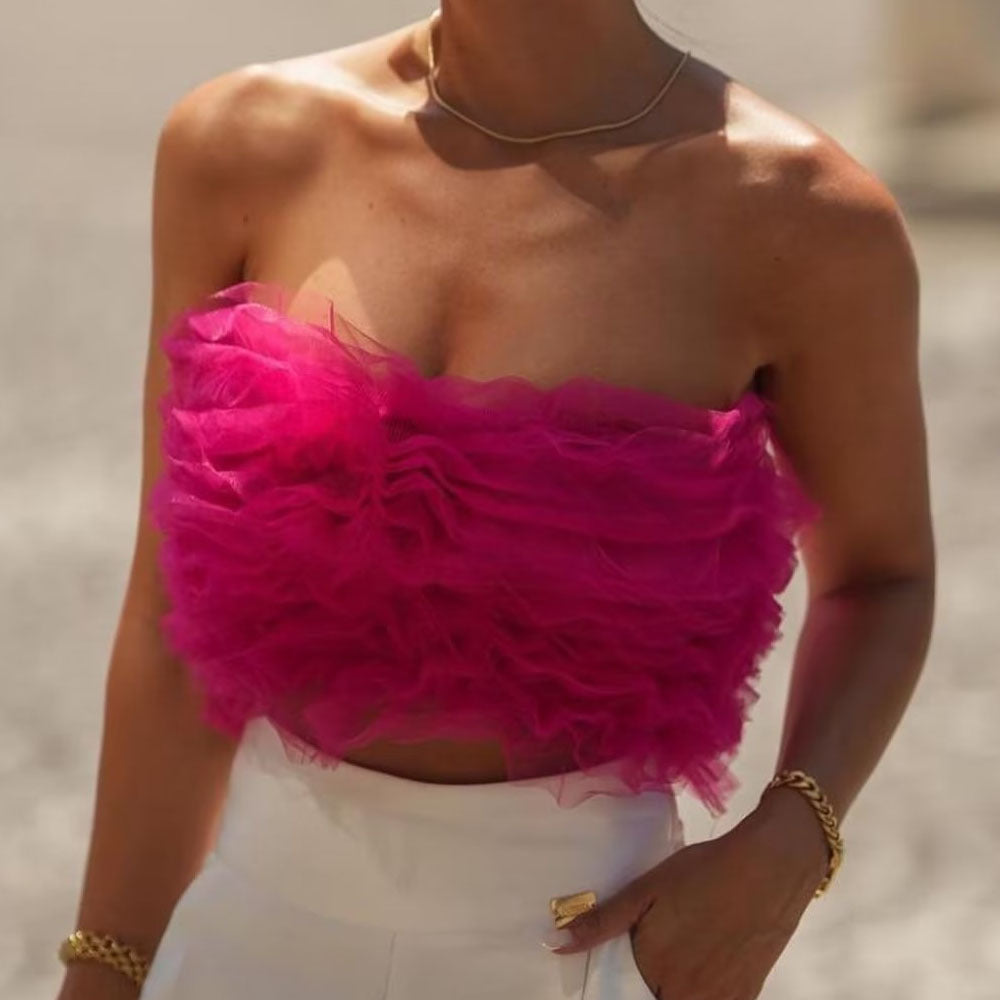 Silk Tulle Backless Blouse with Knitted Exposed Shoulders and Internal Zipper - Neon North Clothing