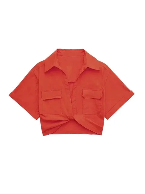 Chic Vintage Cropped Blouse with Front Knot, Elastic Linen, Short Sleeve, and Patch Pockets - Neon North Clothing