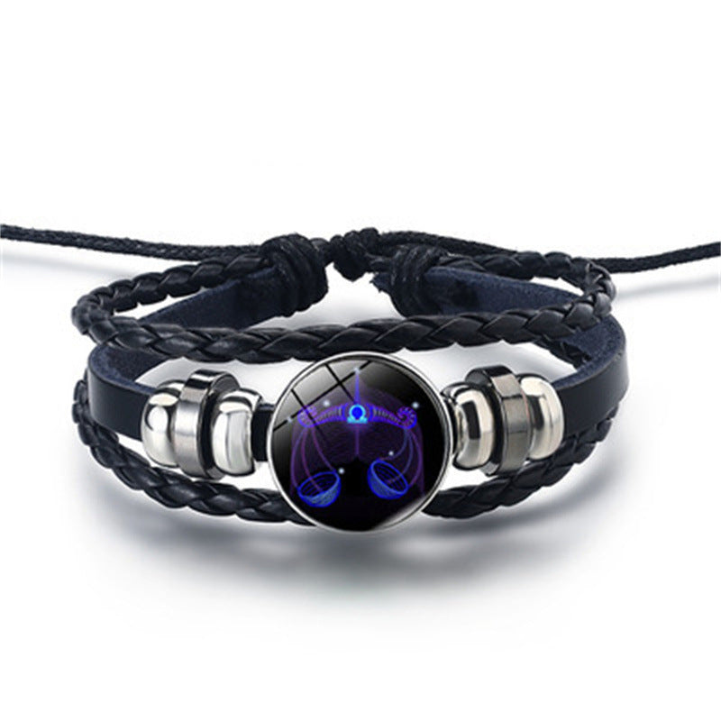 12 Constellations Horoscope Glass Alloy Beaded Glow Leather Bracelet - Neon North Clothing