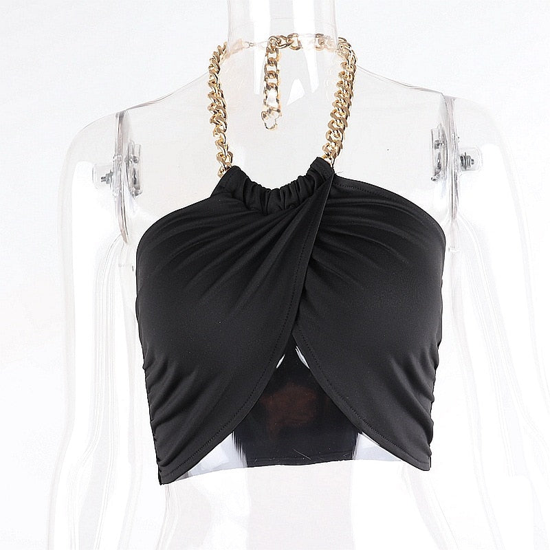 Cryptographic Chic Backless Cropped Halter Chain Top for Trendy Style - Neon North Clothing