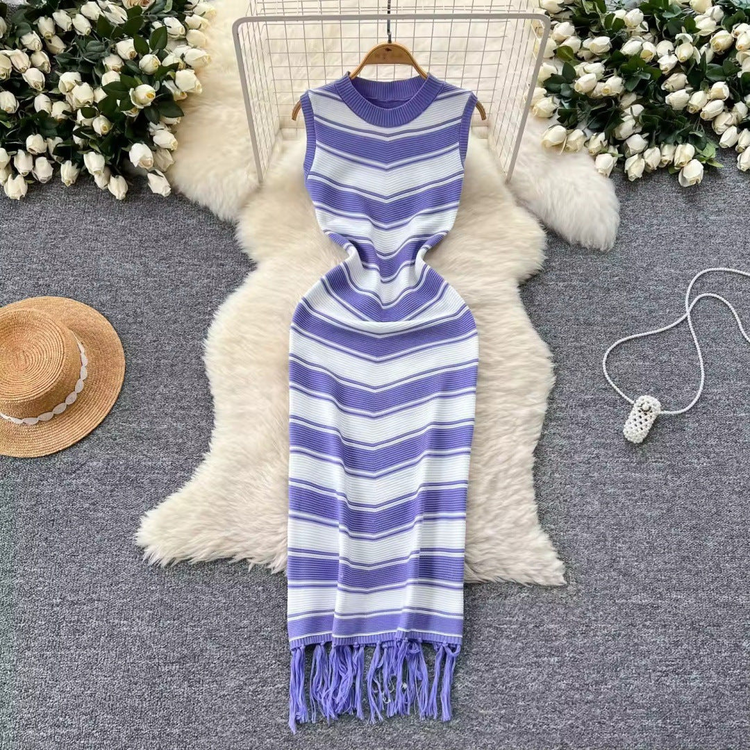 High-End Round Neck Sleeveless Striped Dress with Unique Base and Hip Hugging Long Skirt - Neon North Clothing