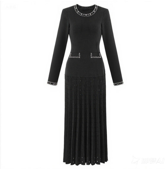 Elegant Long Sleeve Pearl Embellished Pleated Dress - Neon North Clothing