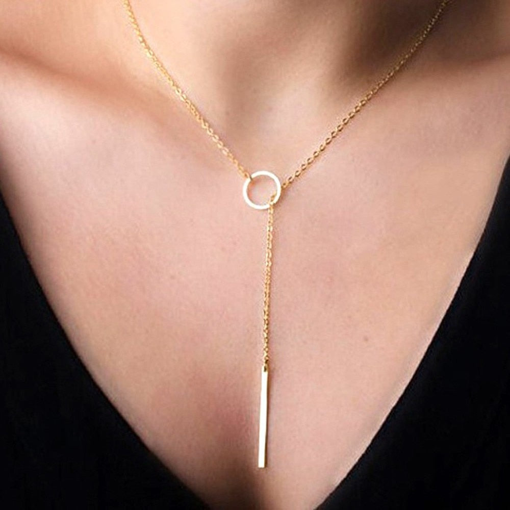 Gold Silver Metal Chain with Long Strip Pendant Necklace - Neon North Clothing