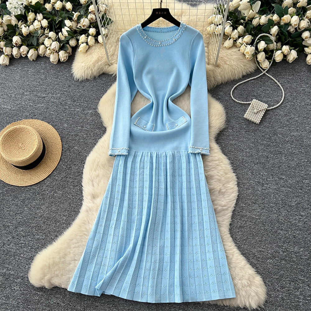 Elegant Long Sleeve Pearl Embellished Pleated Dress - Neon North Clothing