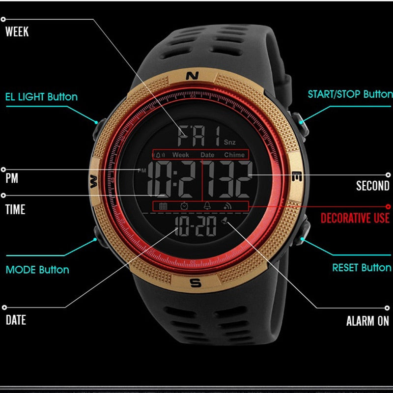 Men's Digital Military Dive Watch - 50m Waterproof Sports LED Timepiece - Neon North Clothing