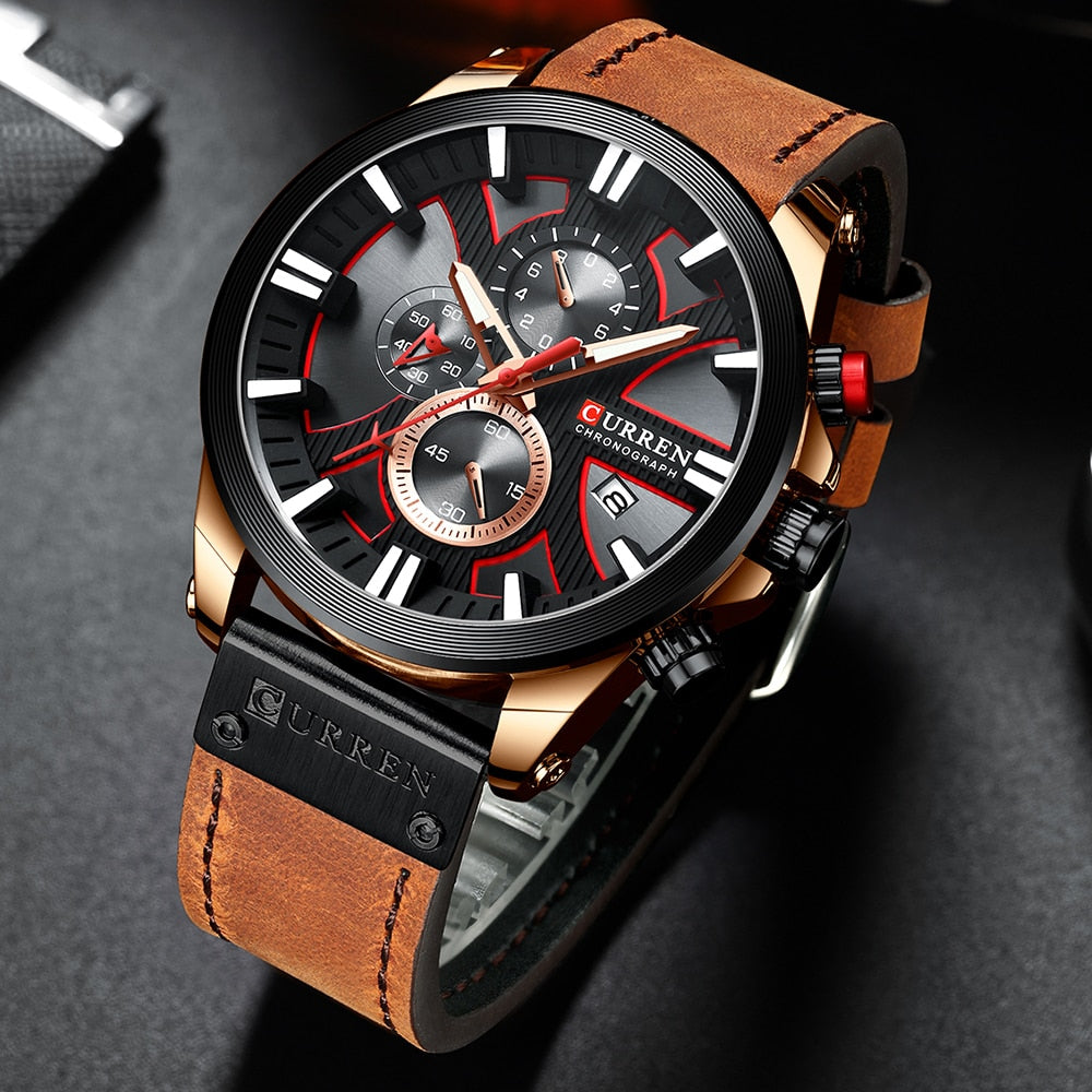CURREN Chronograph Watch with Leather Strap and Quartz Movement - Neon North Clothing