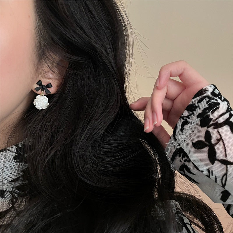 Silver Needle Flower Bow Earrings for Women - Neon North Clothing