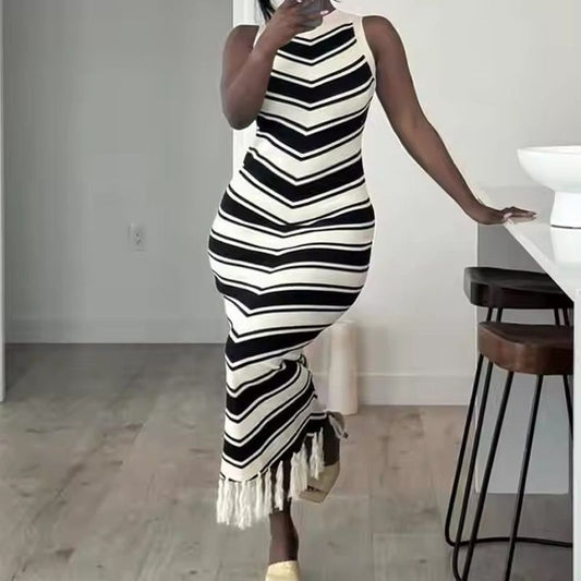 High-End Round Neck Sleeveless Striped Dress with Unique Base and Hip Hugging Long Skirt - Neon North Clothing