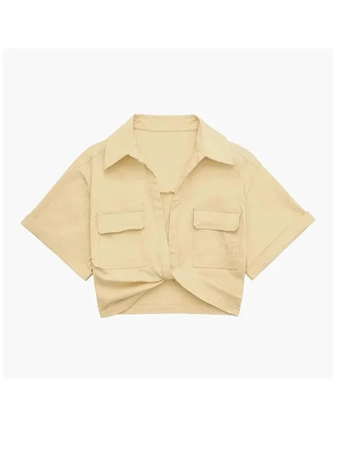 Chic Vintage Cropped Blouse with Front Knot, Elastic Linen, Short Sleeve, and Patch Pockets - Neon North Clothing