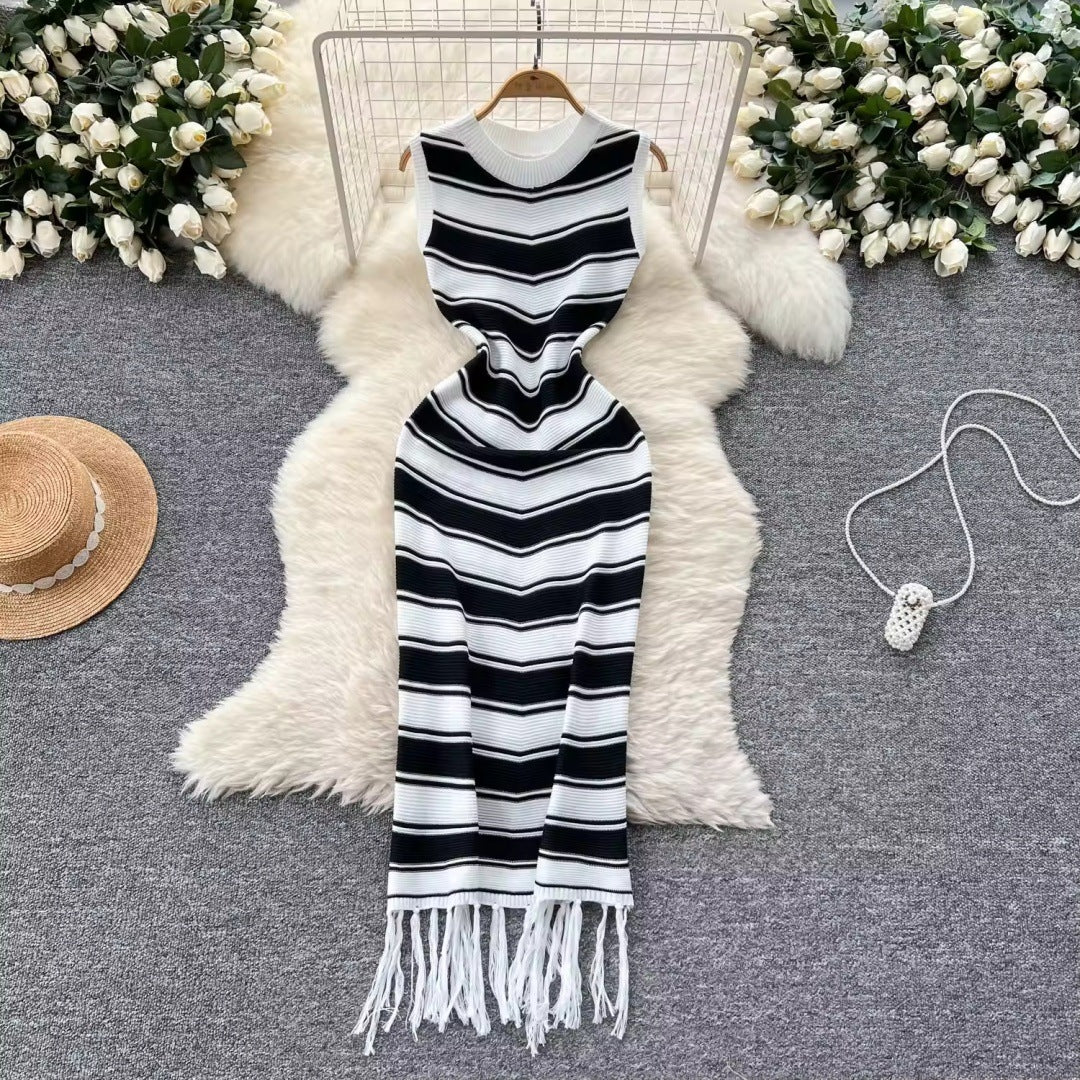 High-End Round Neck Sleeveless Striped Dress with Unique Base and Hip Hugging Long Skirt - Neon North Clothing