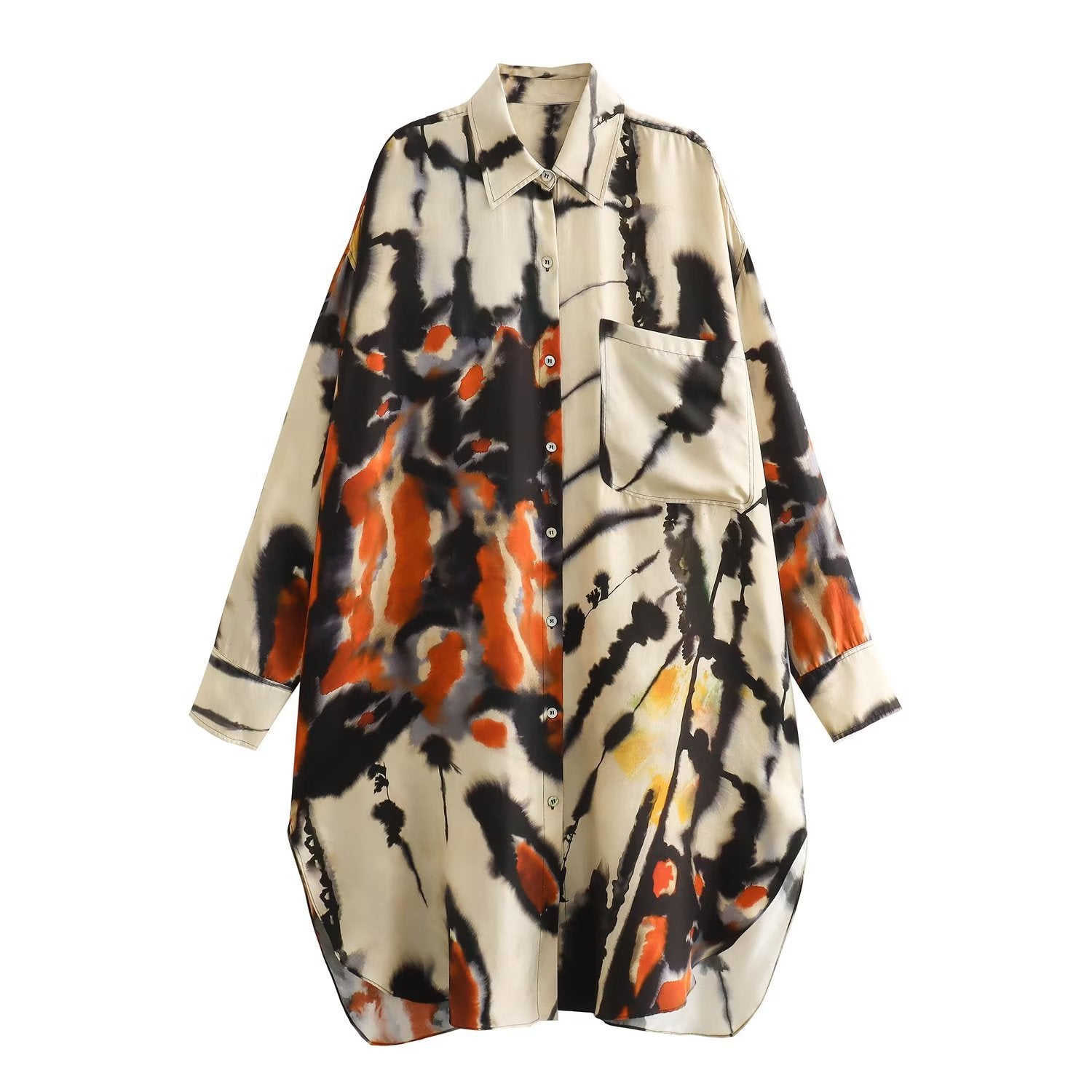 Woman Print Turn Down Collar Single Breasted Blouse - Neon North Clothing