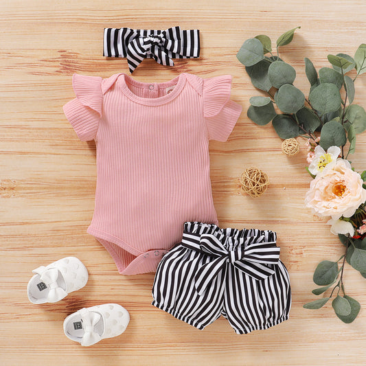 0-24 Months Bowknot Romper Set with Shorts and Headband - Neon North Clothing