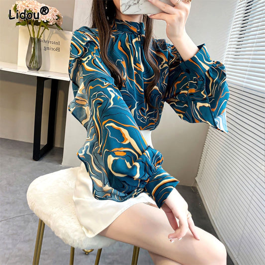 Loose Chiffon Blouse with O Neck Stripe Print and Lantern Sleeves - Neon North Clothing