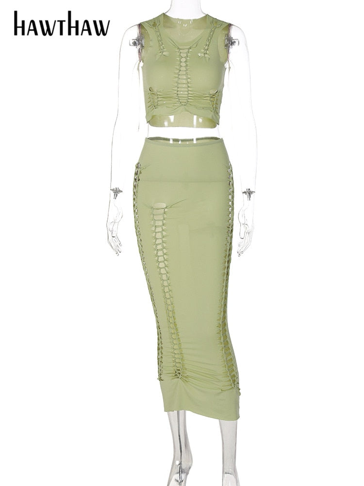 Crop Tank Top Long Skirt Set - Stylish Two Piece Matching Outfit - Neon North Clothing
