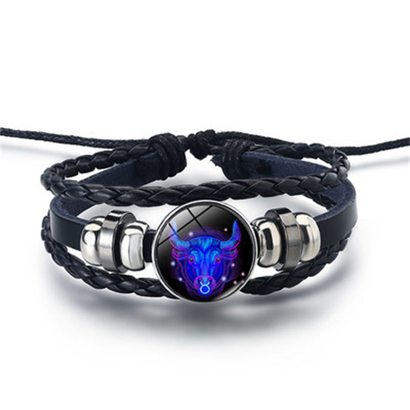 12 Constellations Horoscope Glass Alloy Beaded Glow Leather Bracelet - Neon North Clothing