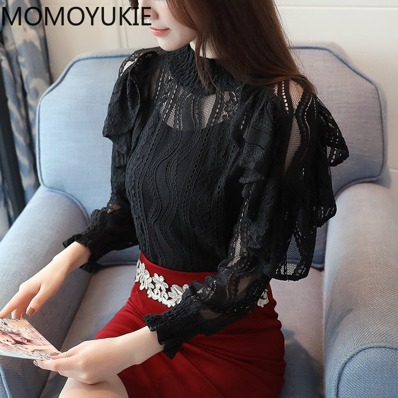 Ruffle Lace Floral Sleeve Blouse with Nine Quarter Sleeve Design - Neon North Clothing