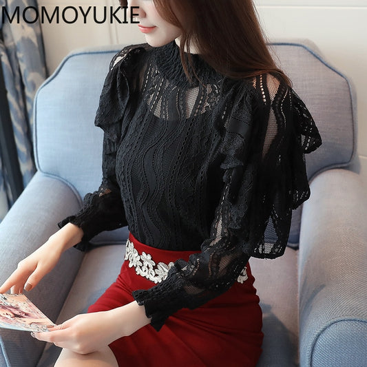 Ruffle Lace Floral Sleeve Blouse with Nine Quarter Sleeve Design - Neon North Clothing