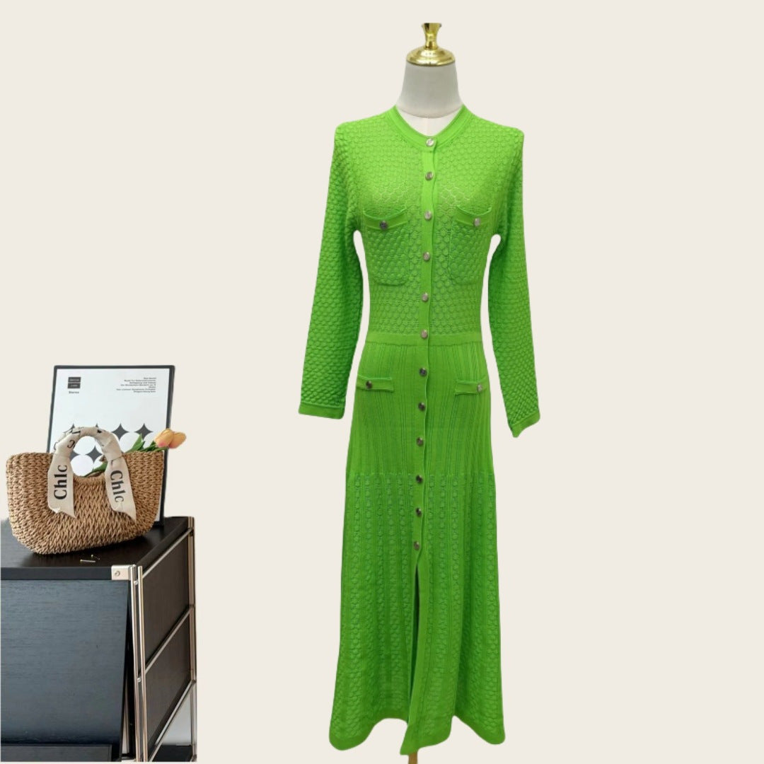 Elegant Long Sleeve Round Neck Dress with Waistline - Neon North Clothing