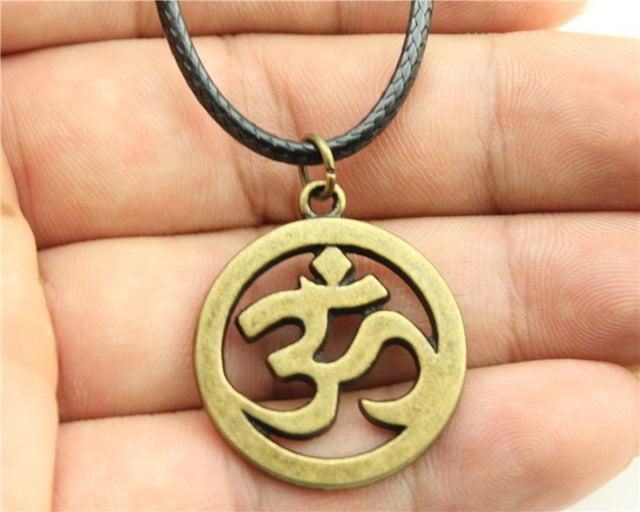 Antique OM Pendant Leather Chain Necklace - Neon North Clothing