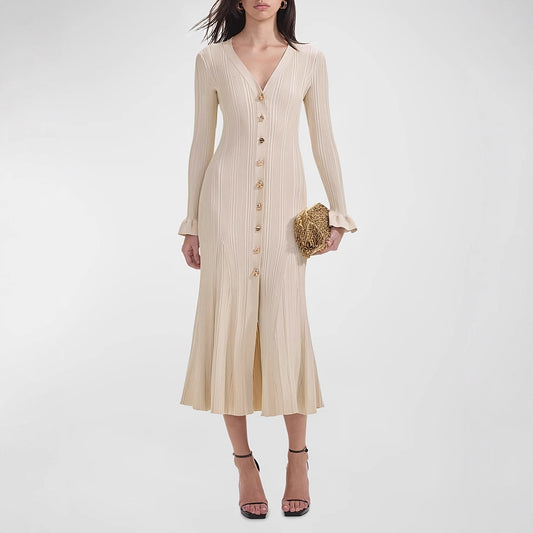 Elegant Luxury Shimmer V-Neck Long Sleeve Fitted Waist Knit Dress - Neon North Clothing