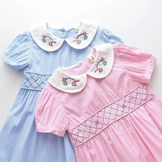 Smocked Princess Dress for Girls - Vintage Floral Embroidery Solid Color Dress for 4-8 Years - Neon North Clothing