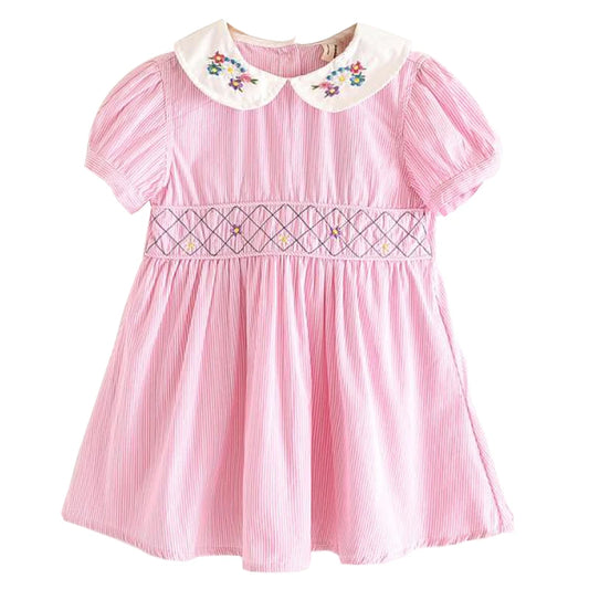 Smocked Princess Dress for Girls - Vintage Floral Embroidery Solid Color Dress for 4-8 Years - Neon North Clothing