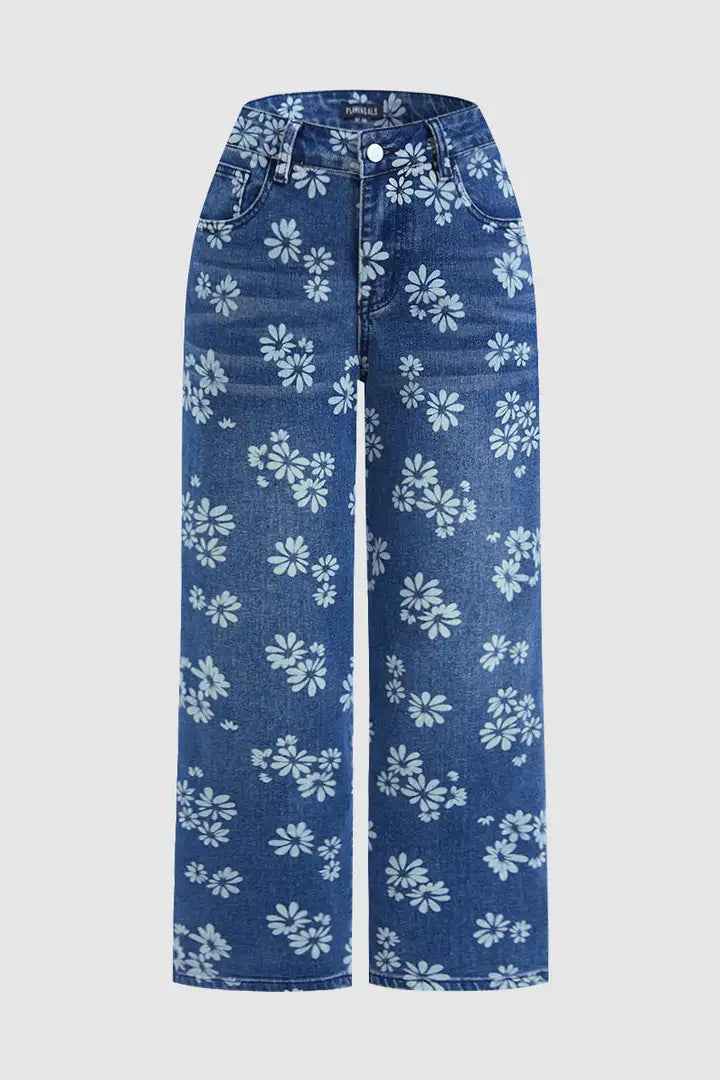 High Waist Floral Jeans - Vintage Floral Print Straight Leg Denim Pants