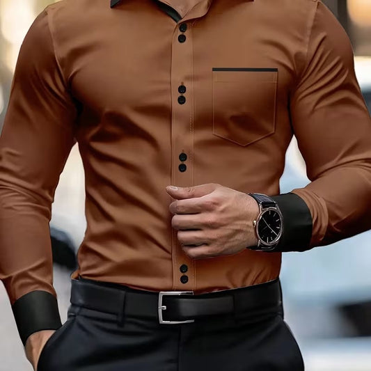 Mens Casual Long-Sleeve Shirt with Pocket - Loose Fit Solid Color