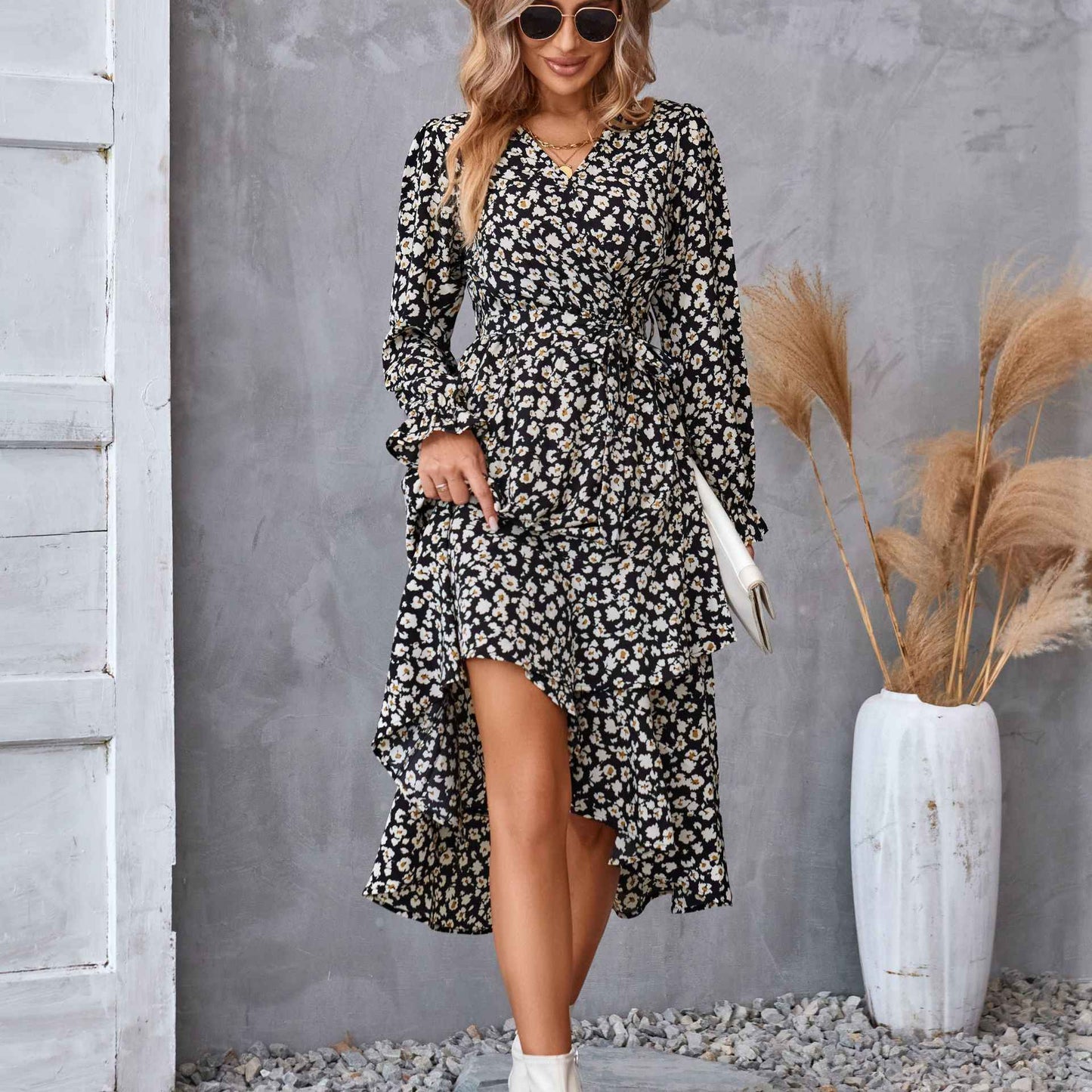 Ruffled V-Neck with Belt Women's Floral Long Sleeve Dress