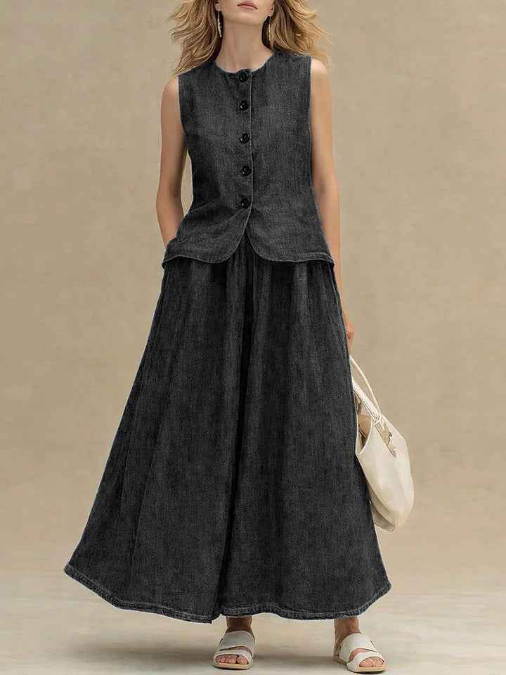 Womens Denim Top and Skirt Set: Crew-Neck Denim Top with High-Waist A-Line Skirt