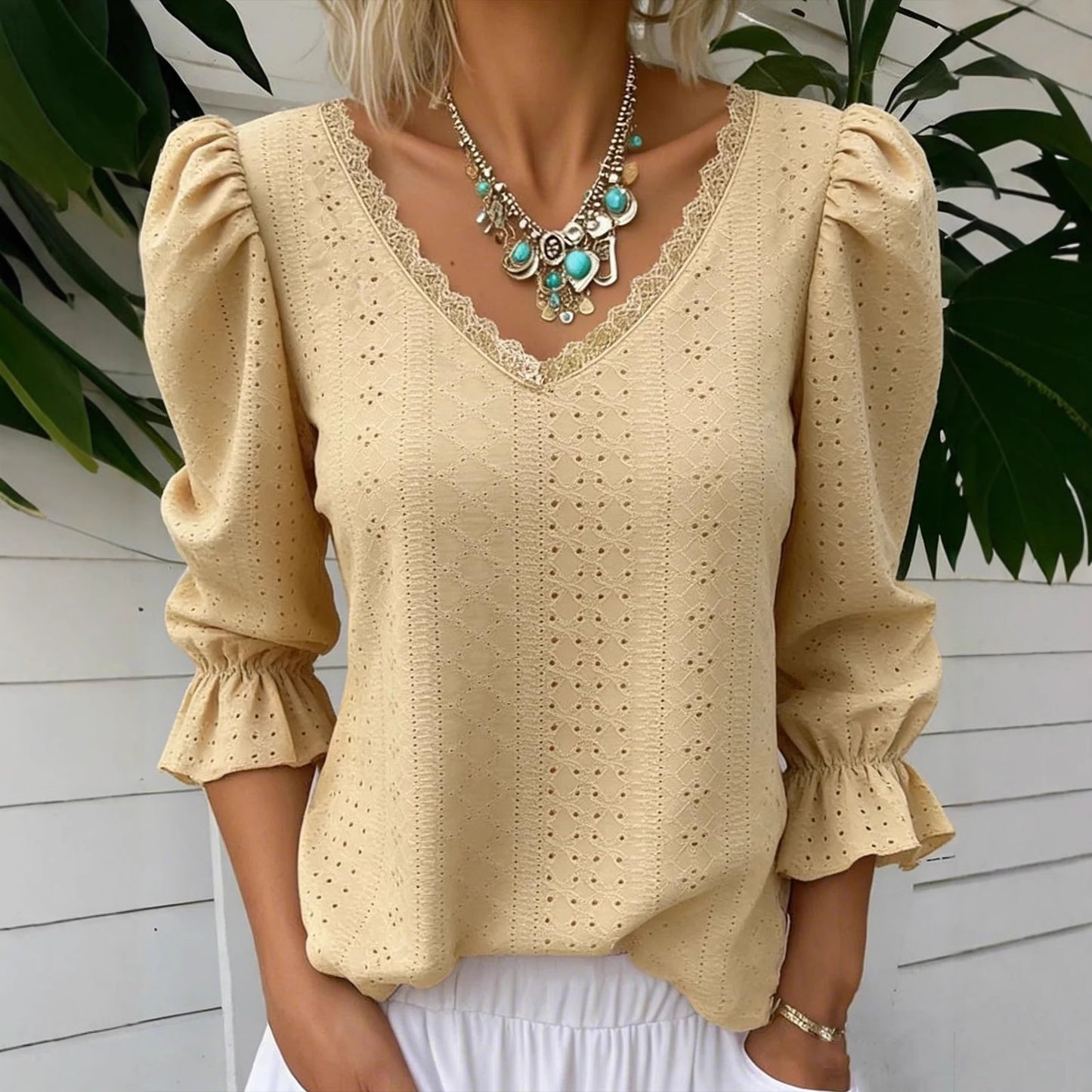 Women's V Neck Hollowed Out Top for Mid Sleeve Stylish Comfort