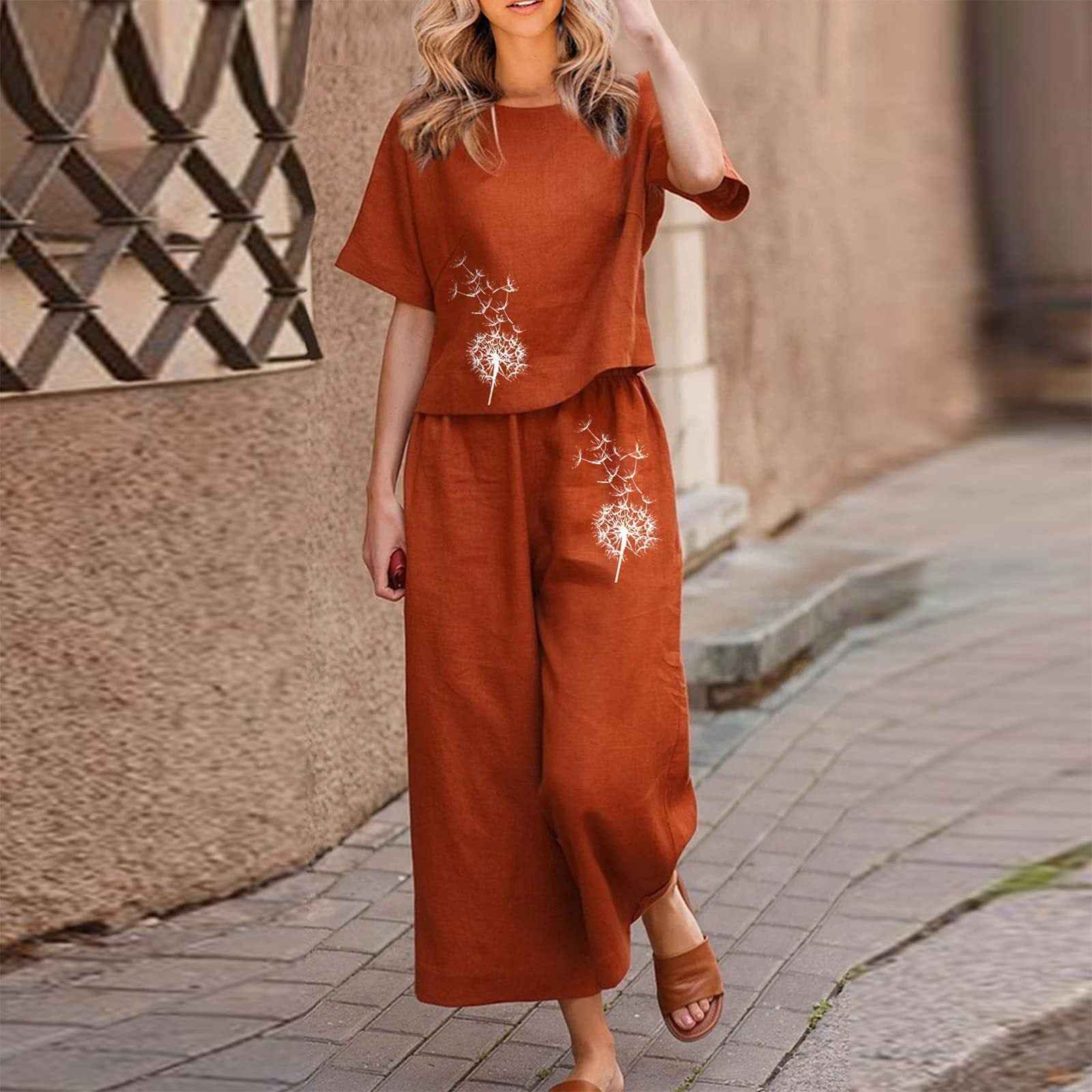 New Solid-color Short-sleeve Set With Heat-transfer Print, Two-piece Set